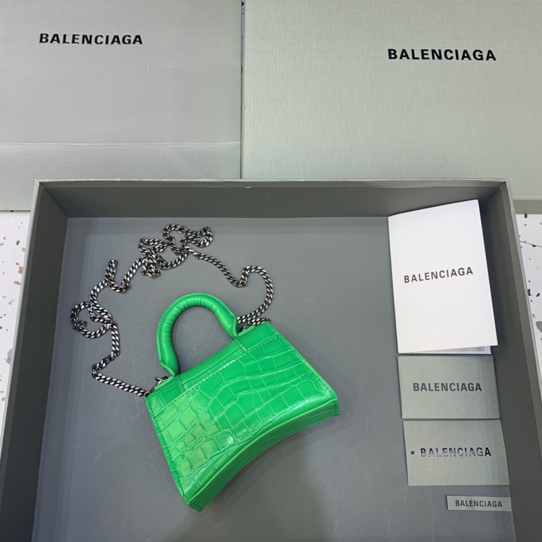 Balenciaga Hourglass Mini Handbag With Chain Crocodile Embossed Shoulder Bag Green